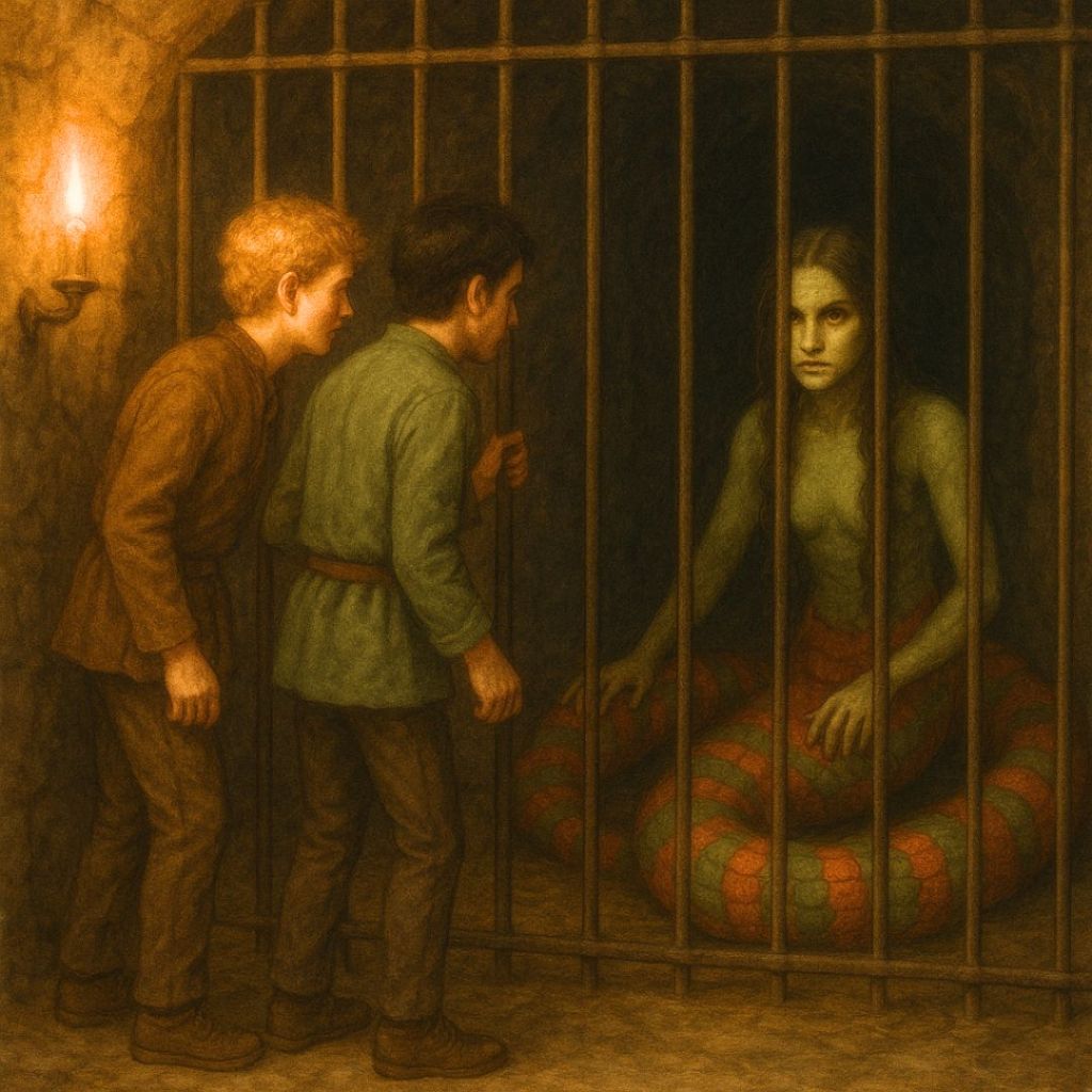 Geshwa e Nargolìan osservano l'anguana che è stata catturata in Il viaggio nel Masso Verde, di Fabrizio Valenza.