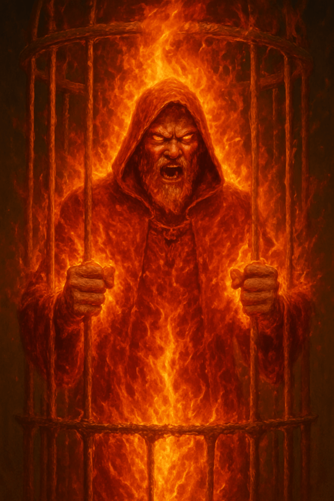 Lomorf, il Mago del Fuoco, si libera dalla gabbia d'oro nel quarto volume di Storia di Geshwa Olers, di Fabrizio Valenza: "La battaglia di Passo Keleb". Lo trovi su Amazon.